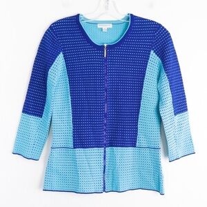 NWOT Katherine Barclay cardigan knit zipper peplum high quality blue perforated